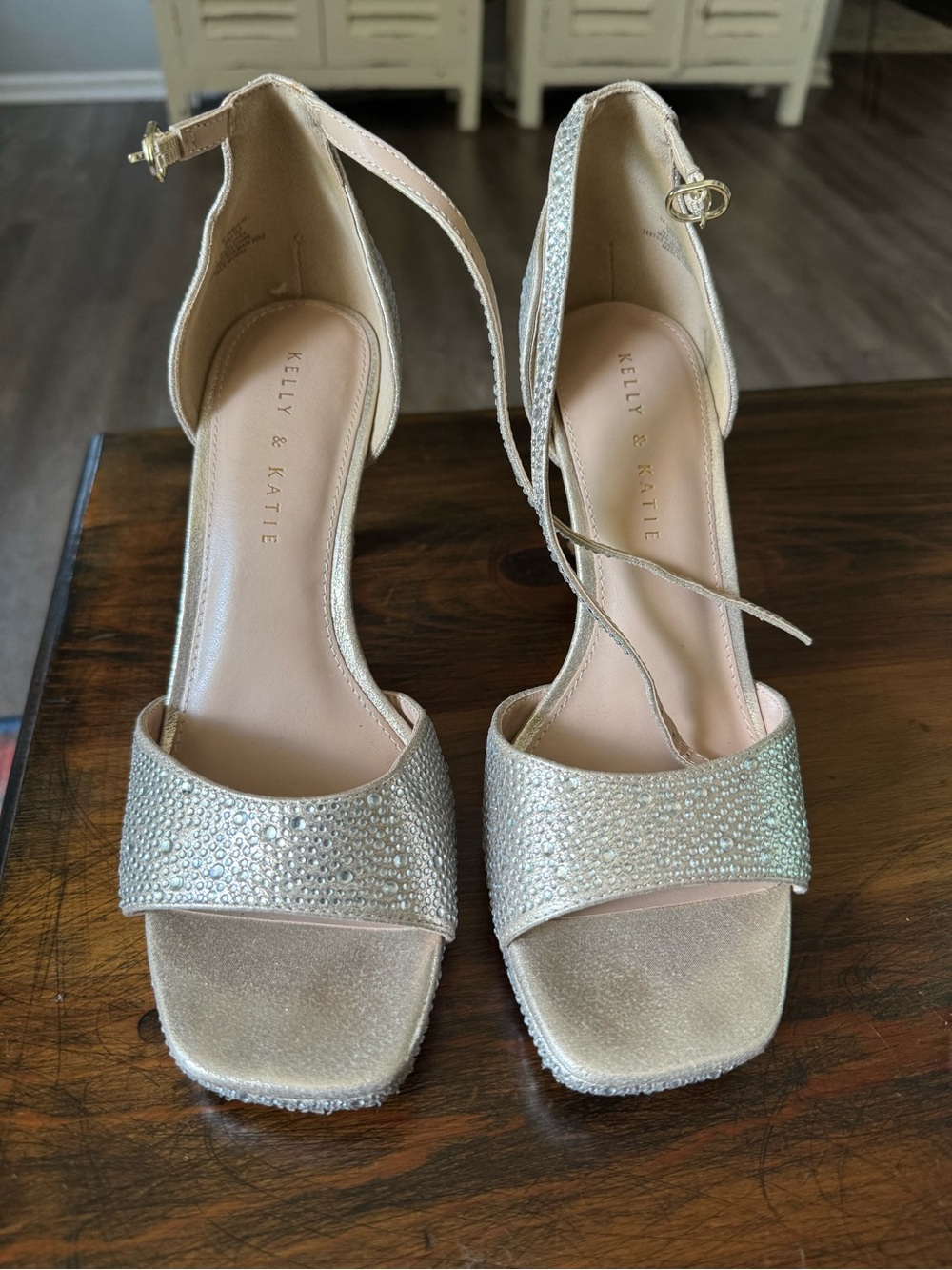 Kelly & Katie Champagne Rhinestone Ankle-Strap Heels
